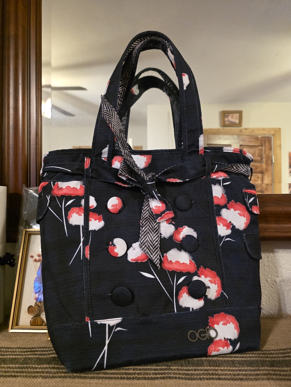 OGIO Hamptons tote bag featuring a Navy & floral pattern with red accents